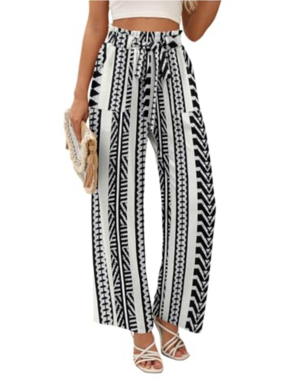 Women's High Waist Wide Leg Pants Side Pockets Adjustable Tie Knot Loose Casual